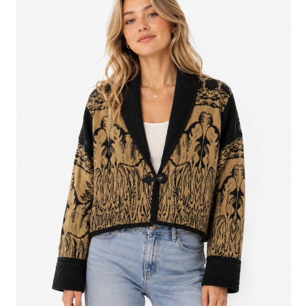 Vintage Anu by Natural Cotton Knit Horse Tapestry Cropped Jacket Black Tan Large